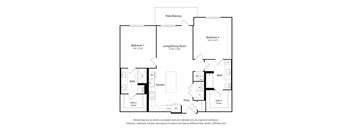 A floor plan of a two bedroom apartment with a living/dining room and kitchen.
