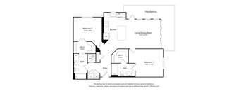 A floor plan of a house with a living room, two bedrooms, a bathroom, and a kitchen.