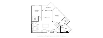A black and white floor plan of a house with two bedrooms, a living room, a kitchen, a bathroom, and a walk-in closet.