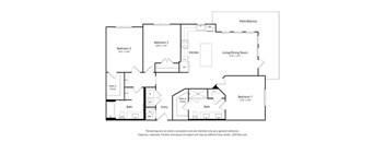 A floor plan of a house with three bedrooms, a living room, a kitchen, two bathrooms, and a patio/balcony.