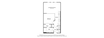 A floor plan of a small apartment with a living/dining room, kitchen, bedroom, bath, and entry.