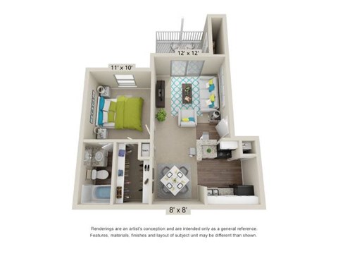 A floor plan of a small apartment with a kitchen, living room, and bathroom.