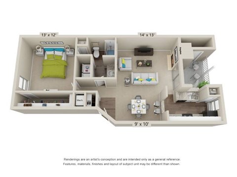 A floor plan of a small apartment with a kitchen, living room, and bedroom.