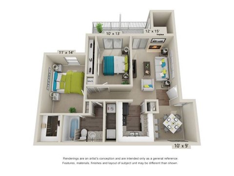 A floor plan of a small apartment with a kitchen, living room, and bedroom.