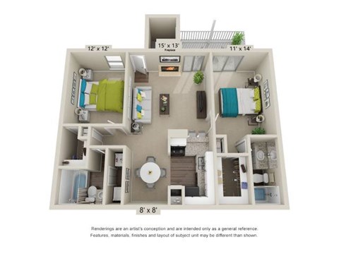 A diagram of a small apartment layout with a kitchen, living room, and bedroom.