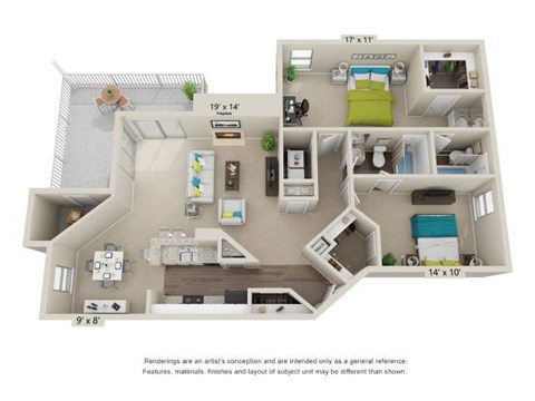 A 3D floor plan of a house with a kitchen, living room, and two bedrooms.