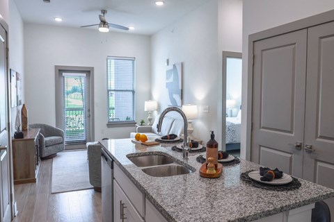 A kitchen with a granite countertop and a sink.