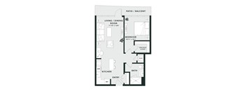A floor plan of a small apartment with a living room, dining room, kitchen, bathroom, bedroom, and a spacious closet.