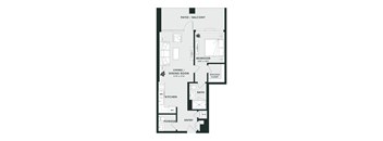A floor plan of a house with a living room, dining room, kitchen, powder room, and bedroom.