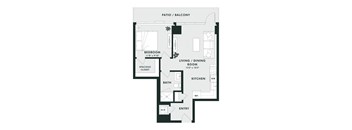 A floor plan of an apartment with a bedroom, living room, kitchen, and bathroom.
