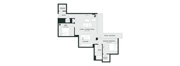 A floor plan of a house with a den, living/dining room, kitchen, bathroom, and two bedrooms.