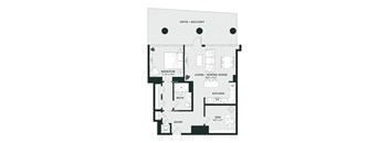 A floor plan of a house with a living room, dining room, kitchen, bathroom, and entry.