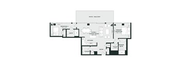 A floor plan of a house with a living room, two bedrooms, a powder room, and a kitchen.