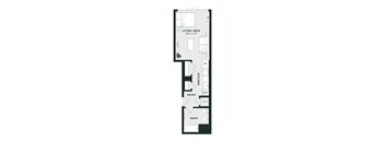 A floor plan of a small apartment with a living area, kitchen, entry and bath.