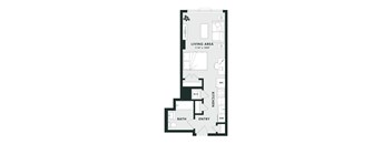 A floor plan of a small apartment with a living area, kitchen, bathroom and entry.