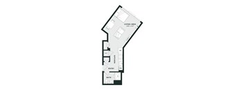 A floor plan of a small apartment with a living area, kitchen, entry, and bath.
