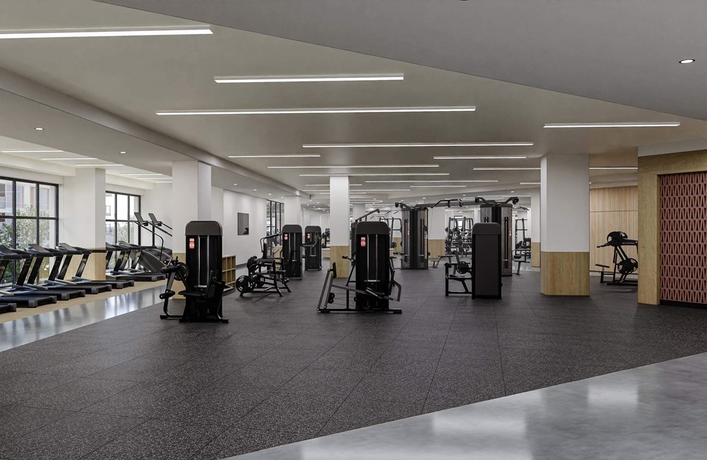 A gym with a variety of equipment including treadmills, weights, and exercise machines.