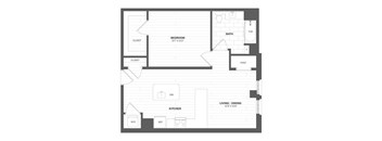 A floor plan of a house with a bedroom, bathroom, kitchen, living/dining area, and a laundry room.