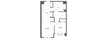 A floor plan of a Juliette balcony apartment with a living/dining room, kitchen, bathroom, bedroom, pantry, and closet.