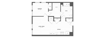 A floor plan of a house with a bedroom, bath, living room, kitchen, and pantry.