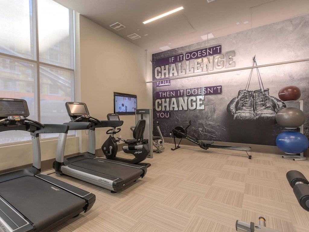 A gym with treadmills, exercise bikes, and weights.