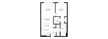 A floor plan of a house with a living room, dining room, kitchen, and bathroom.