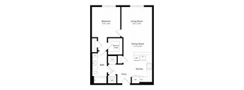 A floor plan of a house with a living room, dining room, kitchen, and bath.