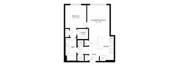 A floor plan of a small apartment with a bedroom, living/dining room, kitchen, bathroom, and entry.