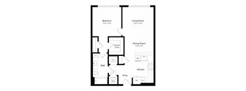 A floor plan of a house with a living room, dining room, kitchen, and bath.