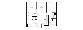 A black and white image of a floor plan for a house with three bedrooms, a living room, a kitchen, a bathroom, a spacious closet, and an entry.