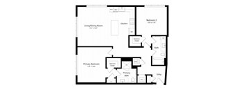 A floor plan of a house with a living/dining room, two bedrooms, a kitchen, and bathrooms.