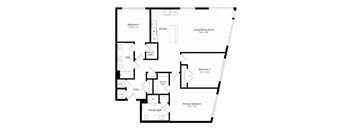A floor plan of a house with three bedrooms and a living area.