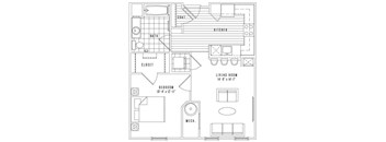 A black and white floor plan of a small apartment with a living room, kitchen, bathroom, and bedroom.