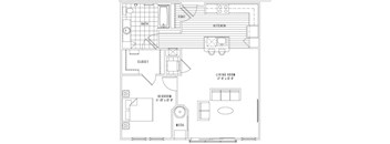 A black and white image of a floor plan for a small apartment.