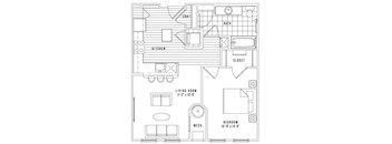 A black and white floor plan of a small apartment with a living room, kitchen, bathroom, and bedroom.