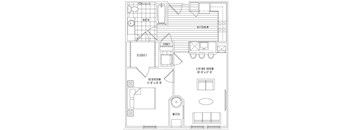 A black and white floor plan of a small apartment with a living room, kitchen, bathroom, bedroom, closet, and a section for a mech.