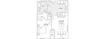 A floor plan of a small apartment with a living room, kitchen, bathroom, and bedroom.
