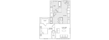 A floor plan of a small apartment with a kitchen, living room, and bedroom.