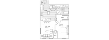 A black and white floor plan of a small apartment with a living room, kitchen, bathroom, and bedroom.