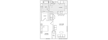 A black and white image of a floor plan for a small apartment.