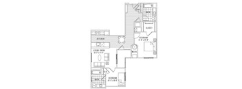 A black and white image of a floor plan for a small apartment.