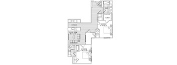 A black and white floor plan of a house with two bedrooms, a kitchen, a bathroom, and a closet.