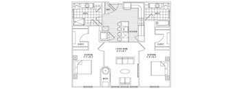 A black and white floor plan of a house with a living room, two bedrooms, a bathroom, a kitchen, and a mechanical room.