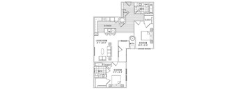 A black and white image of a house floor plan with a living room, kitchen, and two bedrooms.