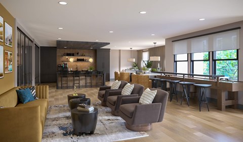 A modern living room with a brown sofa and a coffee table.