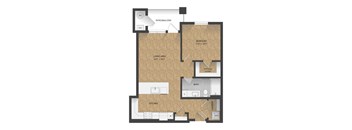 A floor plan of a house with a living area, bedroom, bathroom, and kitchen.