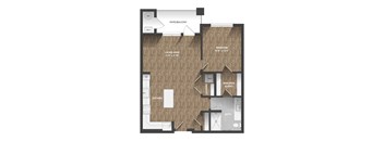 A floor plan of a home with a living area, kitchen, bathroom, and bedroom.