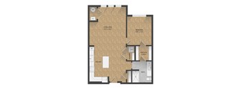 A floor plan of a house with a living area, kitchen, and bedroom.