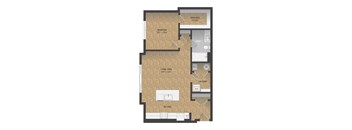 A floor plan of a house with a kitchen, living room, and laundry area.