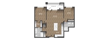 A floor plan of a house with two bedrooms, a living area, a kitchen, a bath, and a laundry room.